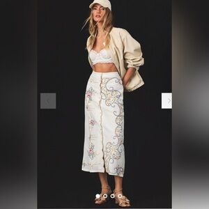 Anthropologie Scalloped Buttondown Embroidered Skirt
